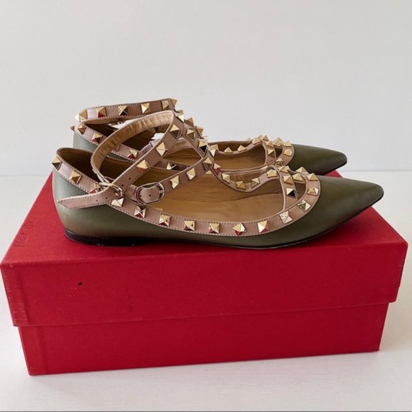 Rockstud Caged Ballet Flat. Olive + Nude straps - Picture 6 of 9